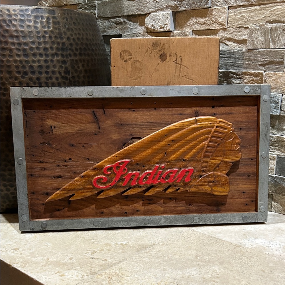 INDIAN MOTORCYCLE wood-carved sign featuring the iconic "war bonnet" log
